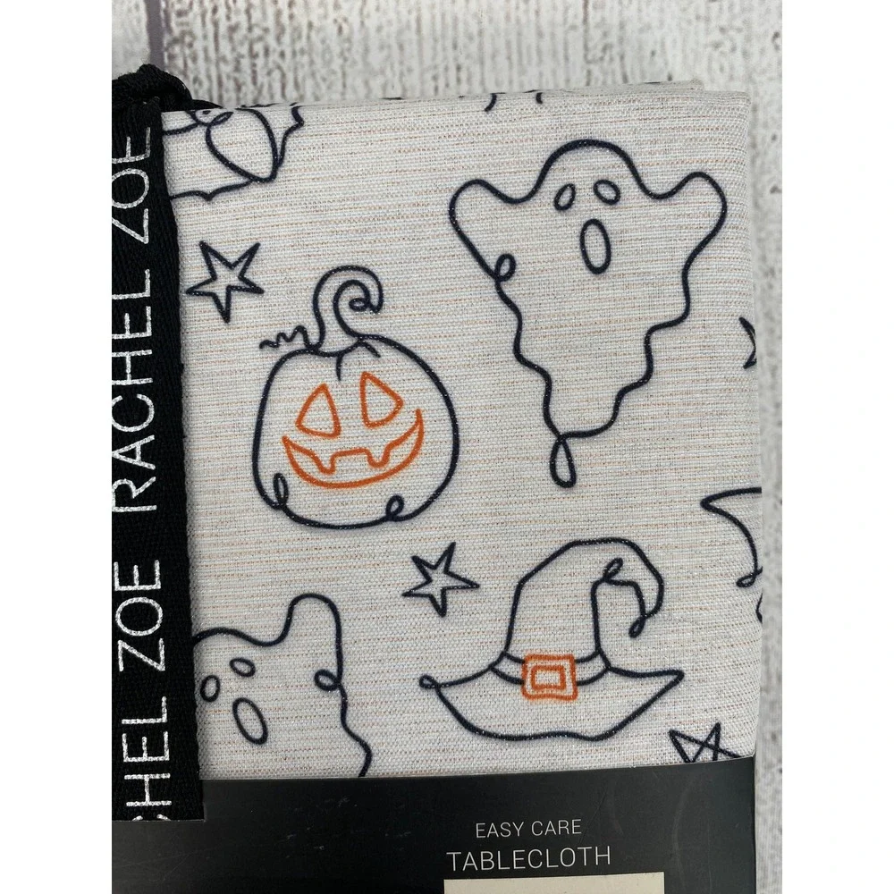 Rachel Zoe Tablecloth Halloween 60x84 Oblong White Ghost Pumpkin Metallic Print